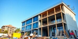 Modernes Gebäude im Bau mit Materialien und Werkzeugen.