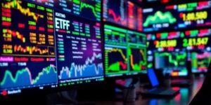 Detailaufnahme eines Handelsplatzes mit ETFs und Aktien.