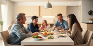 Familie am Tisch, warmes Licht, glückliche Gesichter.