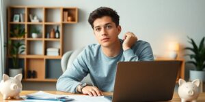 Junge Erwachsene am Schreibtisch mit Finanzen und Laptop.