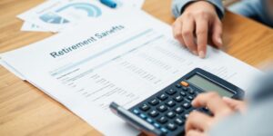 Person analysiert Altersvorsorge mit Unterlagen und Rechner.