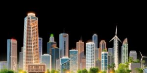 Futuristische Stadt mit modernen Gebäuden und nachhaltiger Energie.