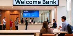Vielfältige Mitarbeiter in einer modernen Bankumgebung.