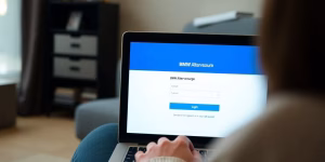 Person am Laptop, BMW Altersvorsorge Login-Seite.