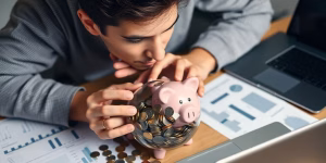 Eine Person betrachtet ein Sparschwein mit Münzen.