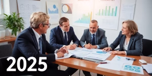 Unternehmen planen Altersvorsorge mit Experten in einem Büro.