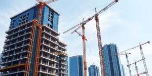 Moderne Baustelle mit Kränen und neuen Gebäuden.