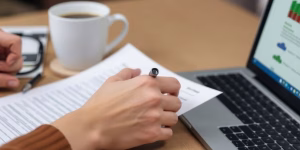 Hände füllen ein Formular aus mit Laptop im Hintergrund.
