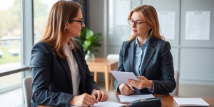 Arbeitnehmer bespricht Rentenversicherung mit Arbeitgeber im Büro.