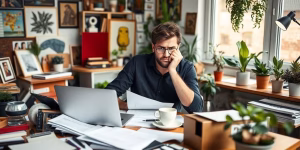 Freelancer pondering pension security in a home office.
