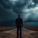 Person looks at stormy financial horizon