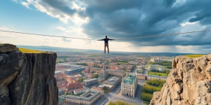 Tightrope walker above German city.