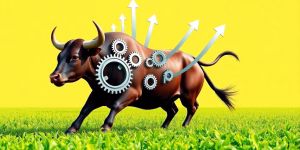 Bull, Vietnam flag, tech gears, rising arrows