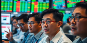 Asian traders watching fluctuating market data.