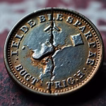 Distorted coins, US and UK flags.